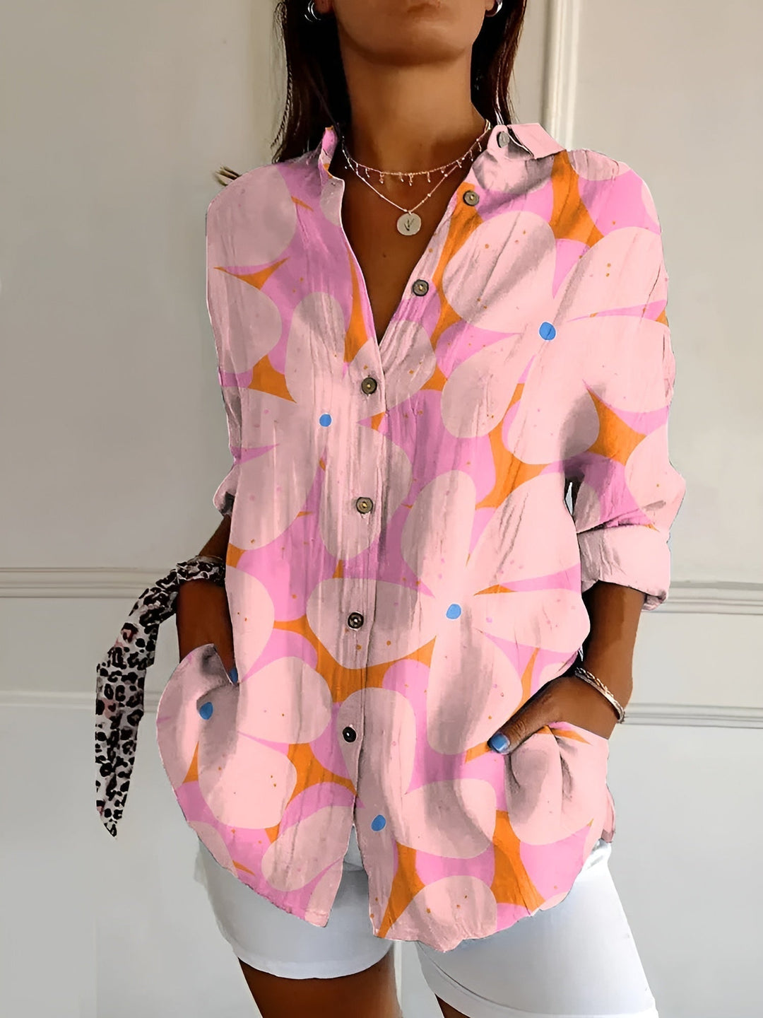 Women's V-neck Button-down Shirt  | Long Sleeved