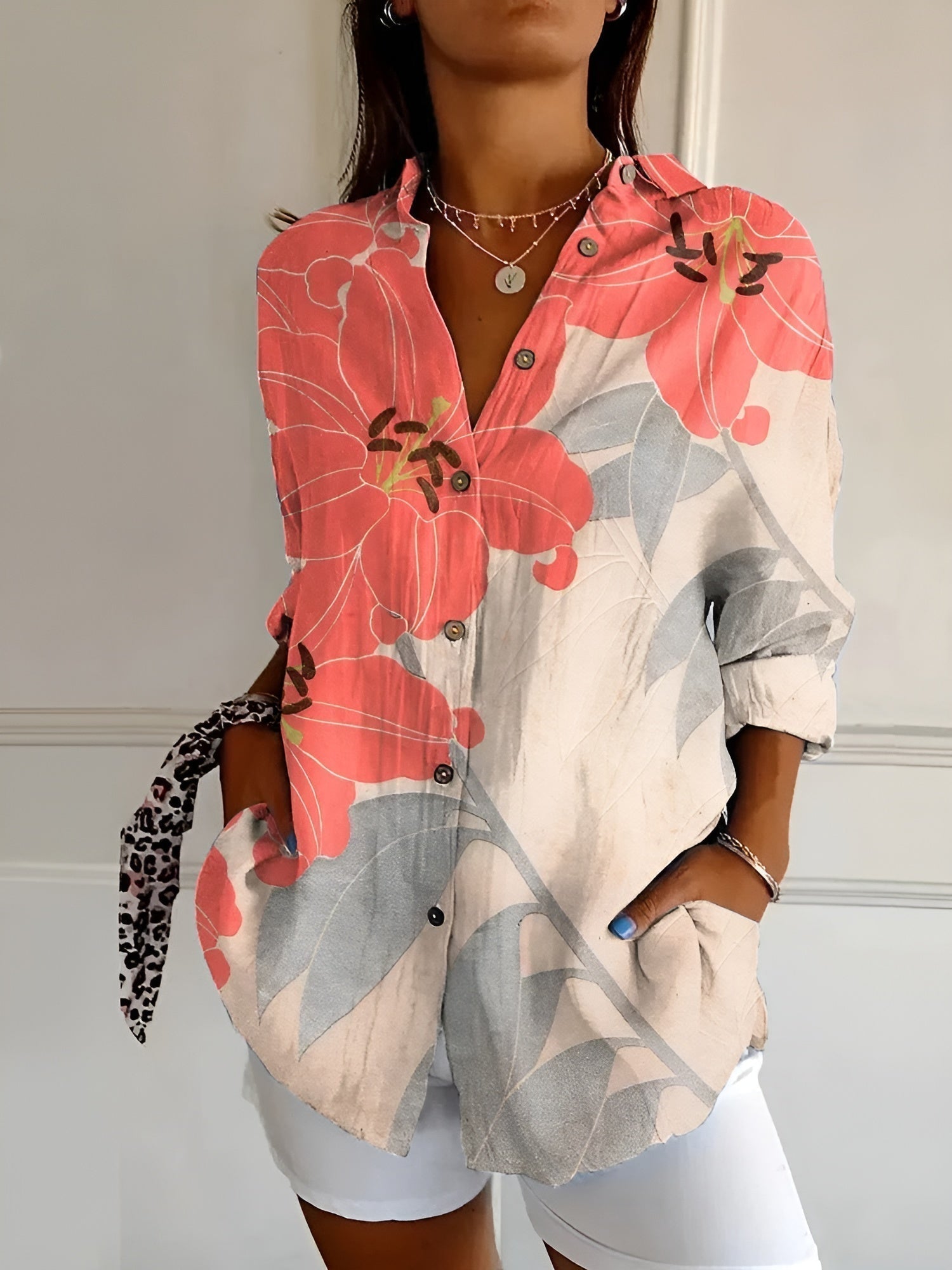 Women's V-neck Button-down Shirt  | Long Sleeved