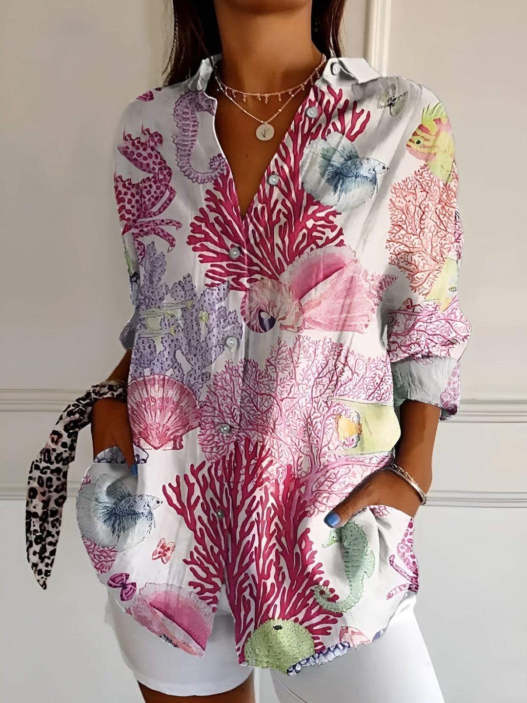 Women's V-neck Button-down Shirt  | Long Sleeved