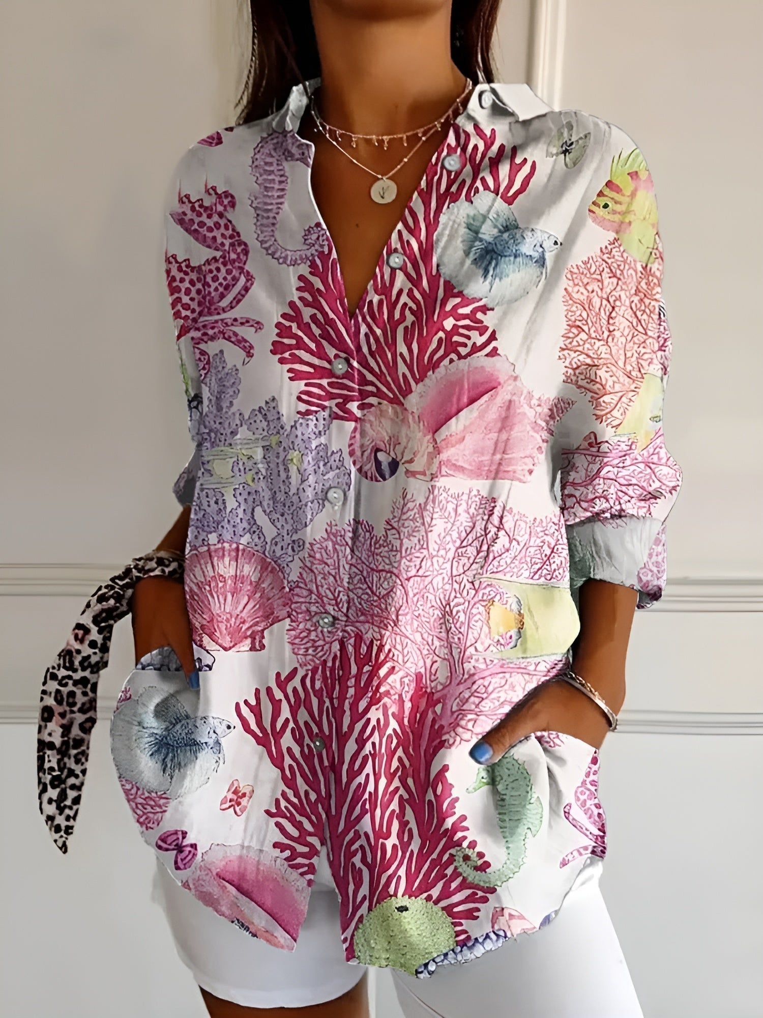 Women's V-neck Button-down Shirt  | Long Sleeved