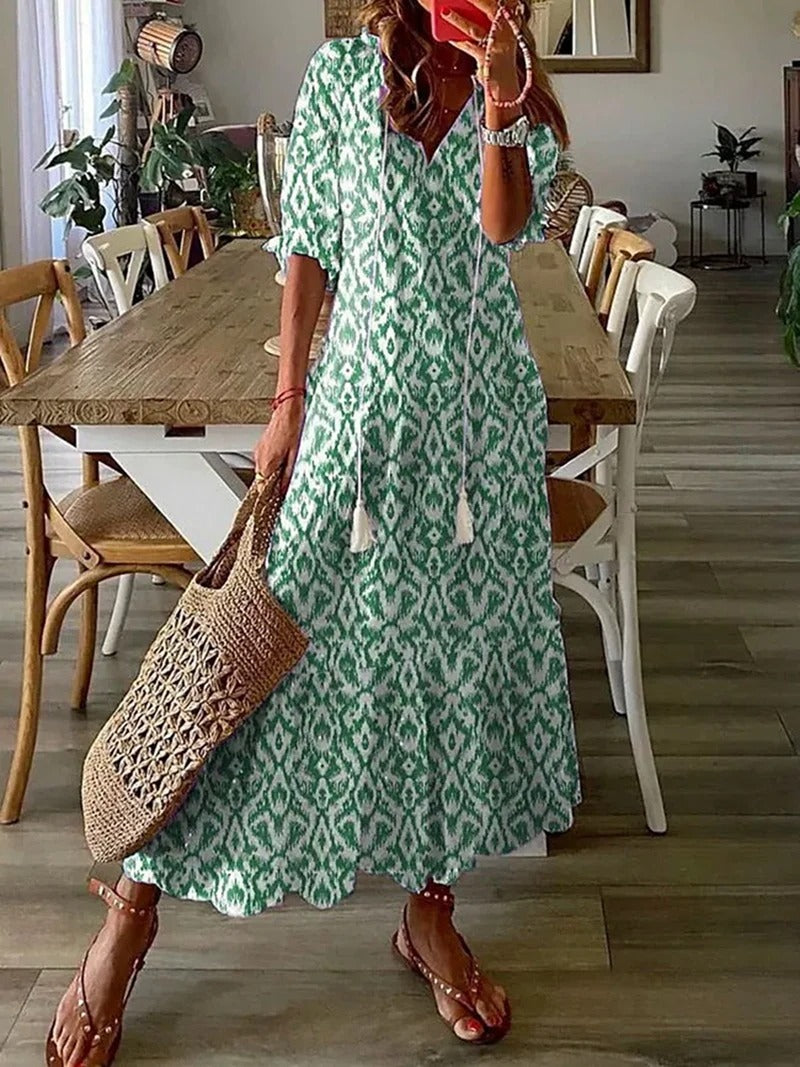 Women's Half Sleeves V Neck Boho Summer Dress | Midi
