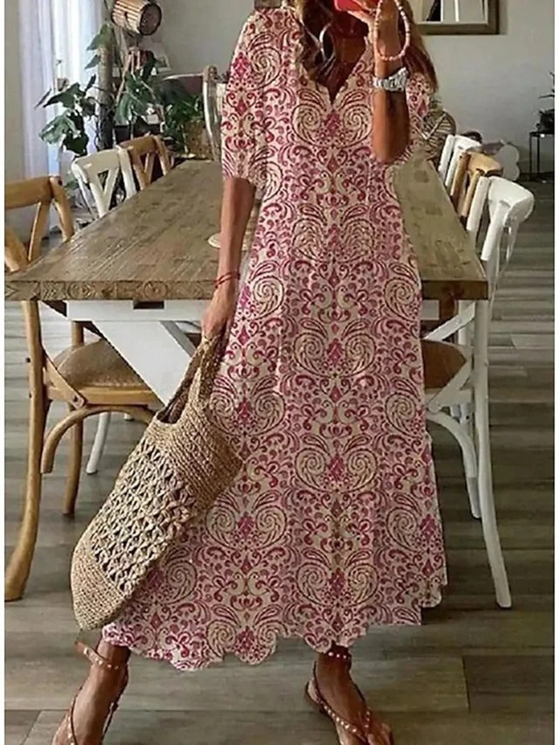 Women's Half Sleeves V Neck Boho Summer Dress | Midi