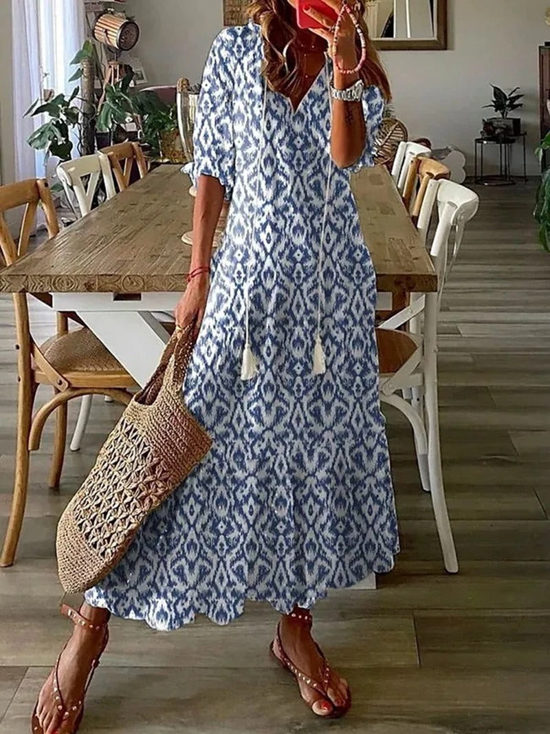 Women's Half Sleeves V Neck Boho Summer Dress | Midi