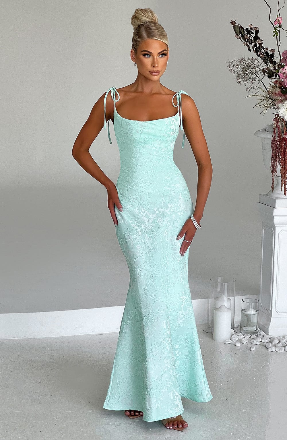 Women's Fitted Wedding Guest Dress with Tie Straps | Maxi