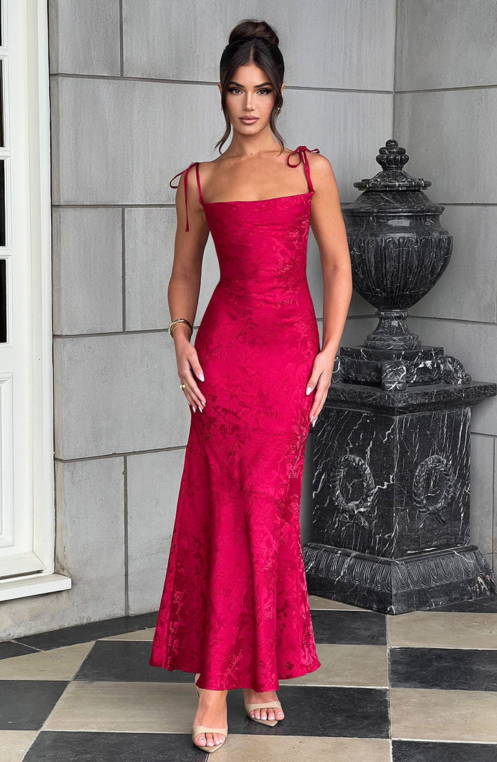 Women's Fitted Wedding Guest Dress with Tie Straps | Maxi